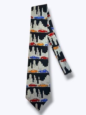 Vintage Novelty Cars Traffic Tie City Skyline Silk Retro Mens Vicky Davis